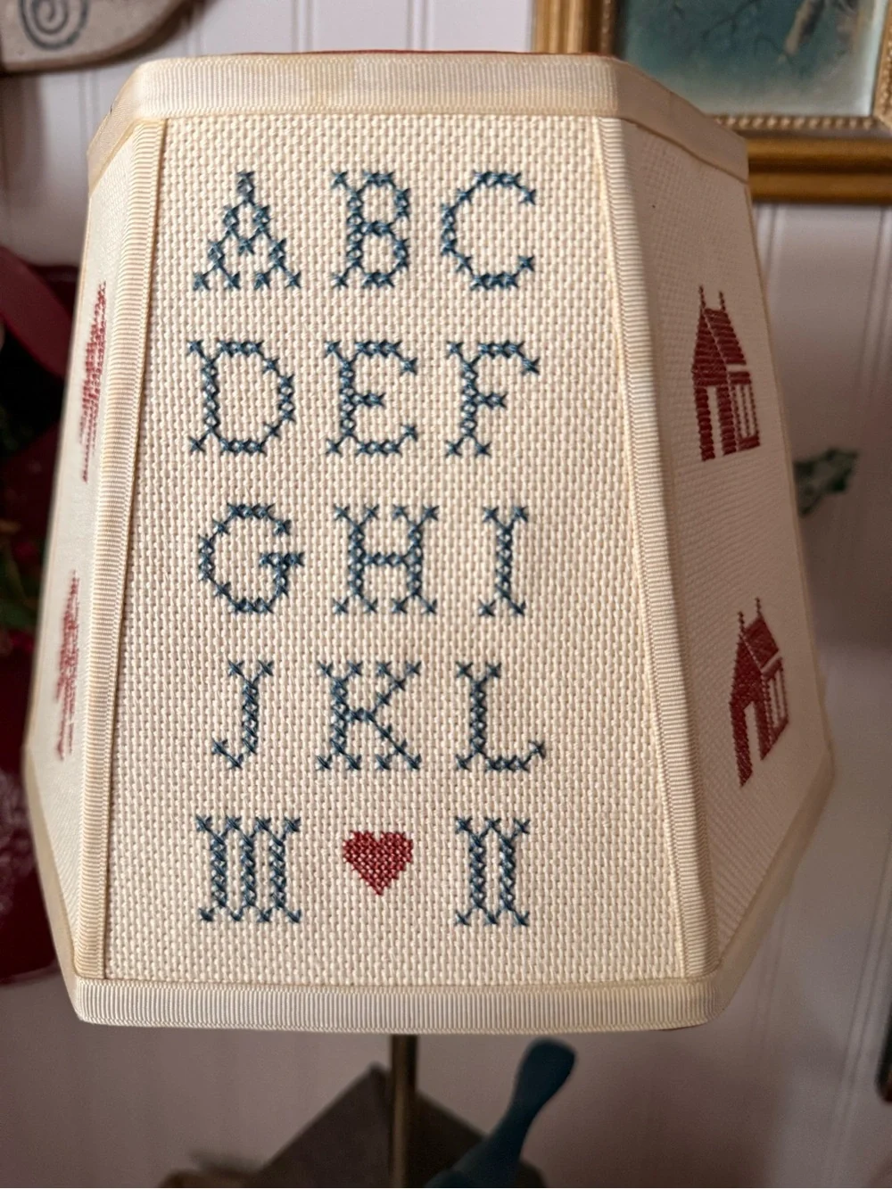 Amazing Vintage Folk Art Primitive Cross Stitch Sampler Lampshade 6-3/4